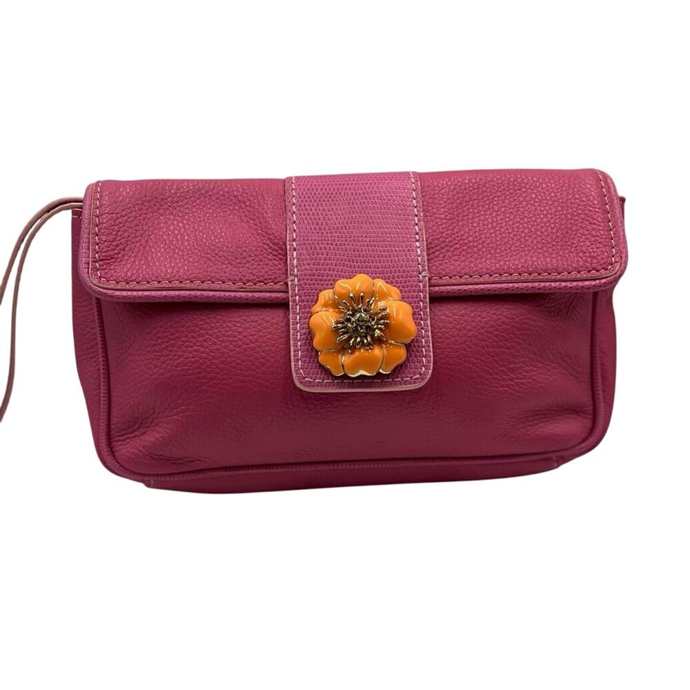Lilly Pulitzer Pink Leather Floral Lining Wristlet Clutch Orange metal Accent
